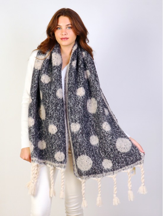 Circle Patterned Blanket Scarf W/ Twisted Tassels